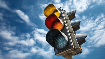 Close-up of a traffic light against a vibrant blue sky with fluffy white clouds, concept for transportation safety, urban infrastructure, and city life