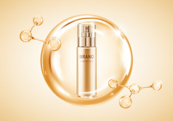 Beauty cosmetic product with molecules. Cosmetic bottle with molecules or atoms. Concept skin care cosmetic solution. Realistic vector