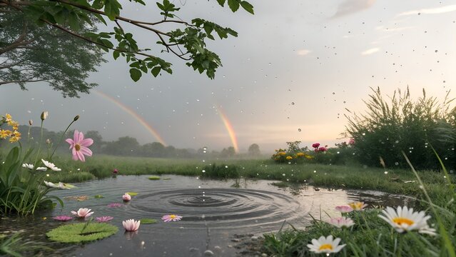 A serene pond reflects a double rainbow amidst flowers and foliage after a gentle rain shower