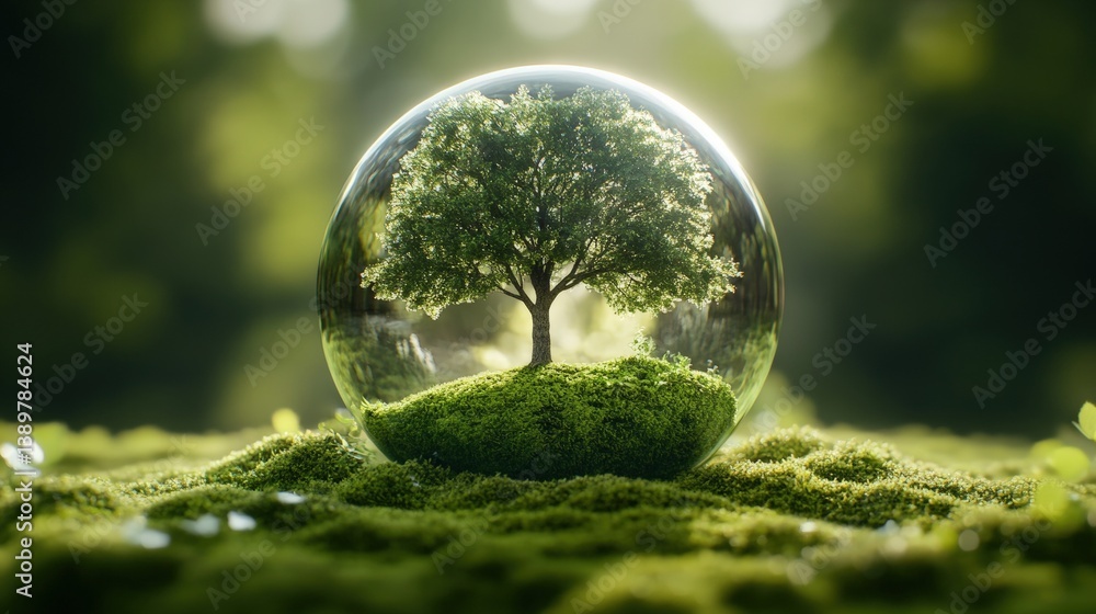 Poster a lush green tree led in moss within a transparent sphere resting on a mossy surface bathed in soft 