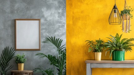 An interior display featuring plants and blank picture frames