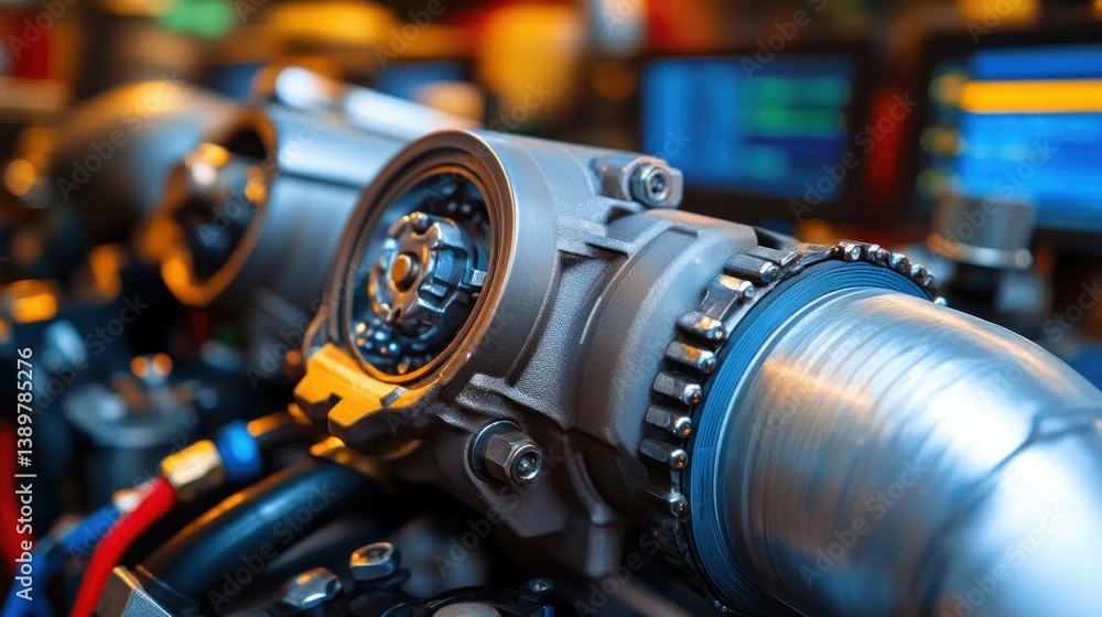 Poster close-up of a high-tech engine component. complex machinery, precision engineering, and sophisticate