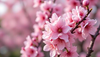 Naklejka premium The vibrant pink blossom, with its delicate petals and sweet fragrance, brightens up the drab landscape of winter and brings a sense of renewal and beauty to the springtime outdoors.
