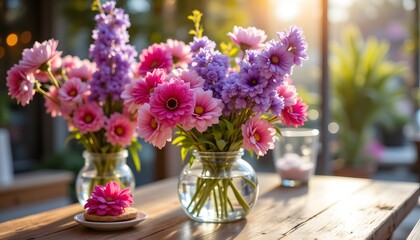 A vibrant arrangement of blooming pink and purple flowers adds a burst of color and fragrance to the tabletop, creating a warm and inviting atmosphere.