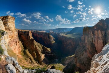 Obraz premium High-angle view of a canyon under a vibrant sky. A breathtaking vista showcasing layered rock formations, a deep canyon valley, and lush greenery, illuminated by a bright sun