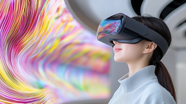 Fintech and investment concept. A person experiences virtual reality, showcasing colorful abstract visuals in the background, highlighting technology's immersive potential.