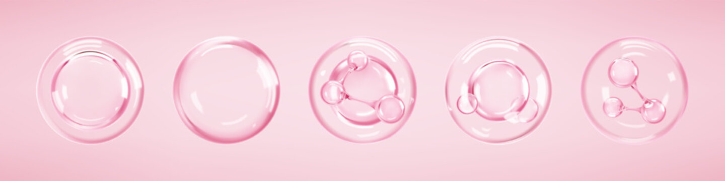 Molecules inside bubbles on pink background. Collagen serum bubble. Cosmetic essence. Hyaluronic acid. Concept skin care cosmetics solution. Vector 3d illustration