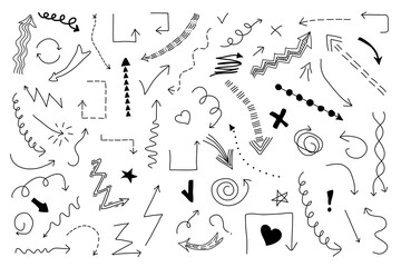 Hand-drawn doodle arrows collection. Sketchy arrows, swirls, lines, hearts, and symbols. Fun, playful style for infographics, presentations, planners, and creative design. Vector illustration.