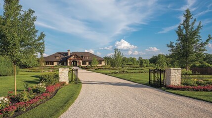 Fototapeta premium Classic country estate with a long gravel road, gated entrance, and flower beds