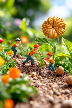 Trabajo de jardineros en un paisaje floral con detalles coloridos y miniature
