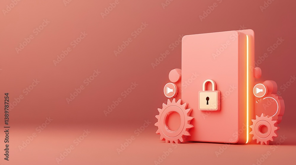 Poster creative visual of security lock on book with gears and icons