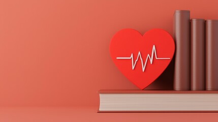 Red Heart with Pulse Line on a Stack of Books against Coral Background