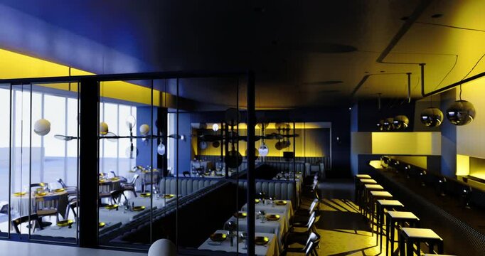 This dining area features sleek furniture and ambient lighting, creating a sophisticated atmosphere. Large windows provide a stunning view of the Martian landscape, enhancing the overall experience.