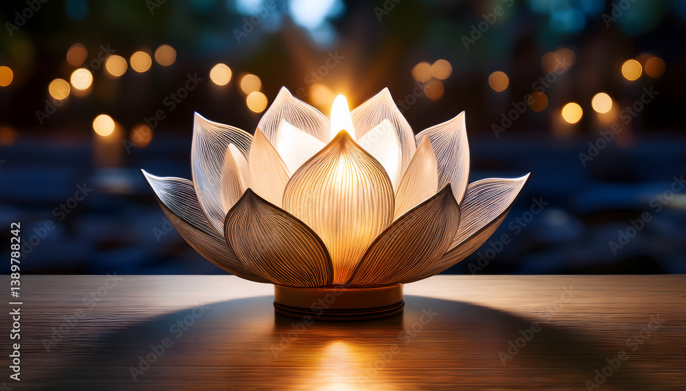 Poster A glowing lotus candle holder with soft bokeh lights in the background, creating a serene and peaceful atmosphere