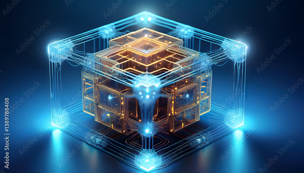 Poster a glowing, intricate geometric structure with glowing blue accents, creating a futuristic and abstra