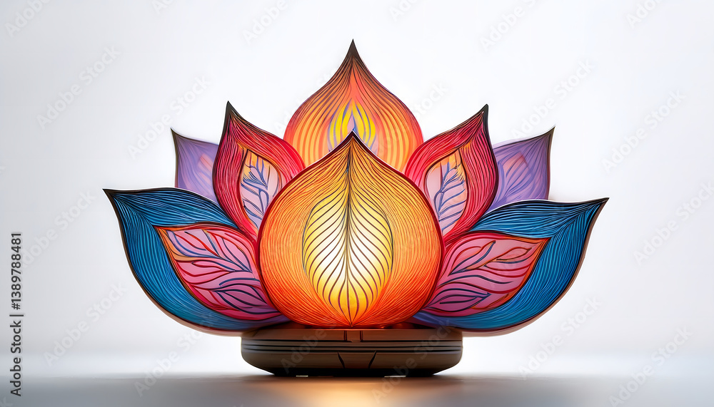 Poster a colorful lotus lamp with intricate designs, radiating warm light, creating a serene ambiance