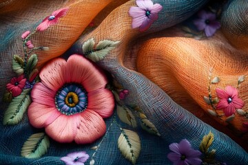 Stunning fabric swatch featuring intricate embroidery with vibrant flowers and delicate leaves against a textured background