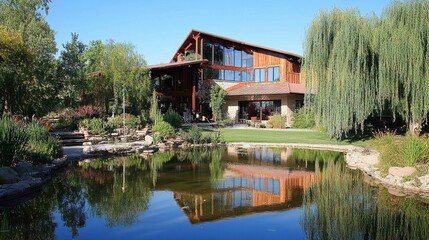 Fototapeta premium Country retreat with a pond in front, willow trees, and reflections in the water