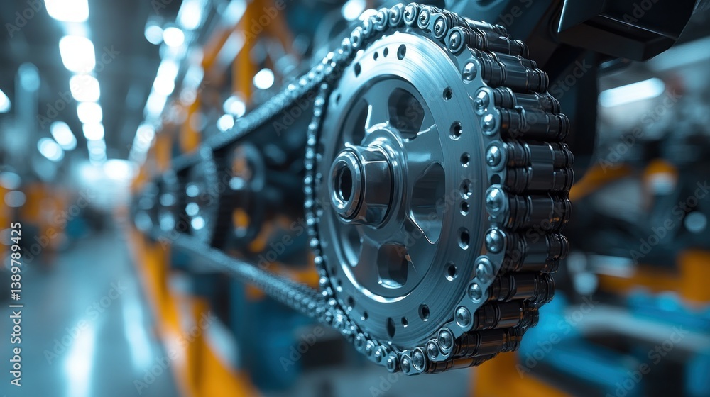 Poster close-up of a motorcycle chain drive system in a factory setting. components include sprockets, chai