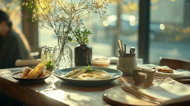  brunch in upscale café, poached eggs with za’atar, matcha crepes, empanadas, latte art, and herbs, sunlight creates inviting, curated experience