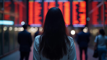 Woman Watching Stock Market Ticker Displaying Fluctuating Data