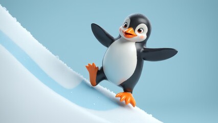 Fototapeta premium Adorable Cartoon Penguin Sliding Down a Snowy Hill on a Bright Winter Day