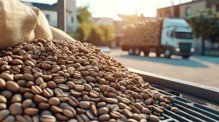 Freshly harvested coffee beans displayed on a sunny street