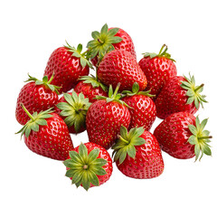 Fresh ripe strawberries with vibrant red hues and green tops tightly bunched on a clean white background