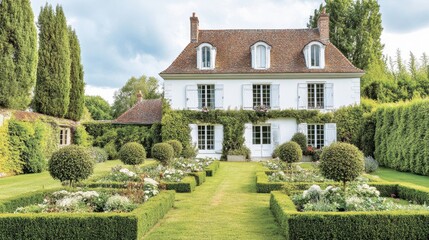 English-style home with manicured lawn and formal garden beds with symmetry