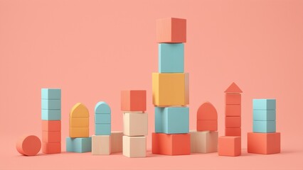 Naklejka premium Colorful Building Blocks Stacked in Artistic Arrangement on Soft Coral Background