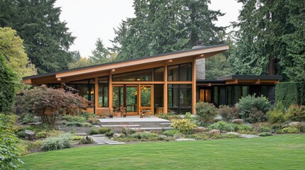 Naklejka premium Flat roof contemporary home with a wooden exterior and surrounding green space