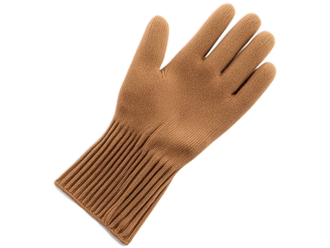 Cashmere touch screen gloves in camel color, one glove turned to show special fingertip material on white background