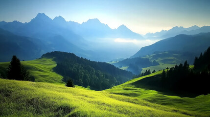 Fototapeta premium Verdant mountains, lush grass, dawn light, serene and distant