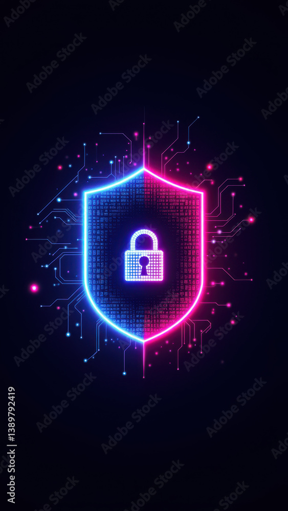 Poster cybersecurity graphic with a shield lock symbol and digital glitch effect.