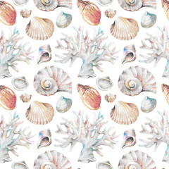 Seashells and white coral hand drawn watercolor illustration isolated on white background. Underwater creatures seamless pattern for marine design, fabric, textile, print, wallpaper, wrapping paper