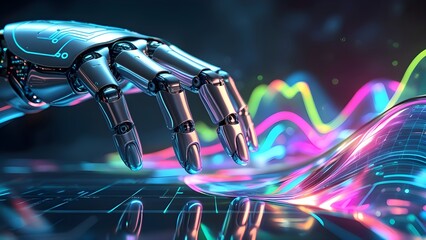 Futuristic robot hand interacting with glowing holographic data analytics dashboard, cyberpunk neon lights, dark background, cinematic 3D render for tech articles or AI-themed ads