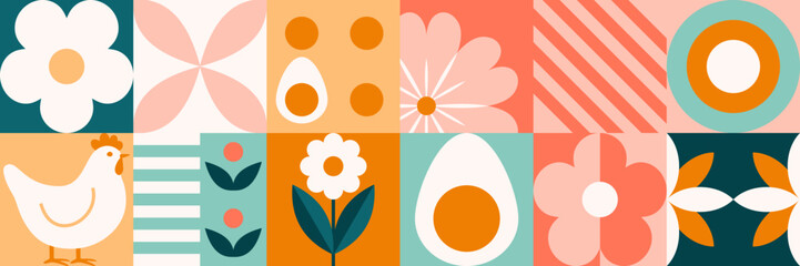 Wesoły baner wielkanocny, plakat poziomy, okładka świąteczna lub szablon projektu internetowego z wiosennych kwiatów, jajek i wielkanocnego króliczka. Modny i uroczy styl wektorowy © Monika