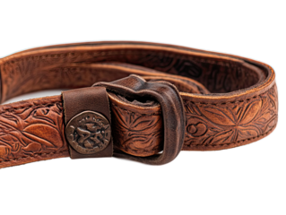 Leather camera strap with adjustable length and embossed pattern, coiled showing hardware detail on white background