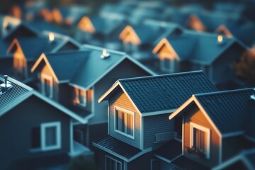 Sunlit suburban houses at dawn with cozy rooftops.