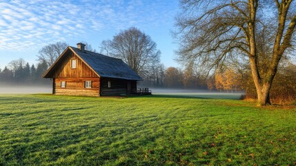 Obraz premium Foggy morning around a wooden cottage in the countryside with dew-covered grass