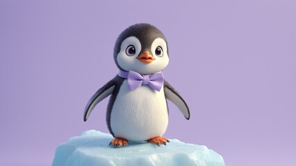 Naklejka premium Cute Cartoon Penguin with Bow Tie Standing on Ice in Soft Purple Background