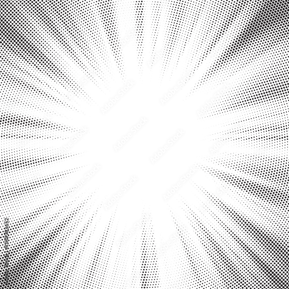 Poster Halftone gradient sun rays pattern. Abstract halftone vector dots background. monochrome dots pattern. Vector background in comic book style with sunburst rays and halftone. Retro pop art design.
