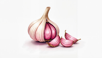 Pink-purple garlic bulb with cloves, unique and vibrant