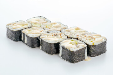 traditional Japanese sushi rolls on a white background
