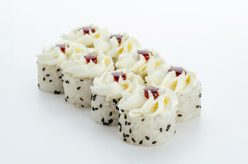 traditional Japanese sushi rolls on a white background
