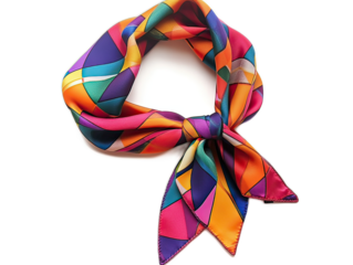 Designer silk twilly scarf in colorful geometric pattern, tied in bow shape on white background