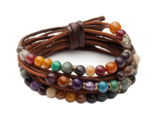 Beaded wrap bracelet with semiprecious stone beads and leather cord, unwrapped showing full length on white background