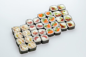traditional Japanese sushi rolls on a white background
