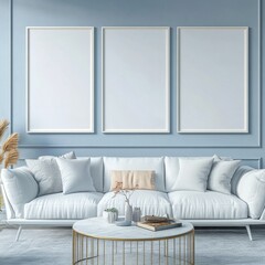 Modern living room mockup with three blank frames, light blue walls, and a white sofa