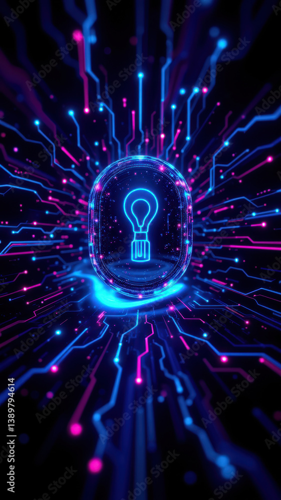 Poster a dynamic digital illustration showcasing a light bulb with intricate cybernetic patterns surroundin
